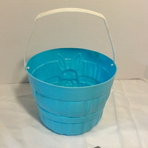 Vintage Blue Plastic Easter Basket Bunny Face Handle Childrens Toy Storage - Picture 5 of 8